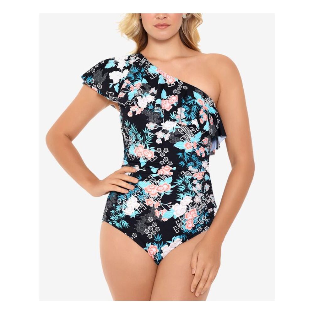 SWIM SOLUTIONS Women's Black Ruffled One Shoulder One Piece Swimsuit 18